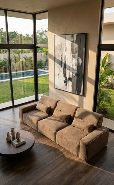 Sofá modular beige en un living con vista al jardín